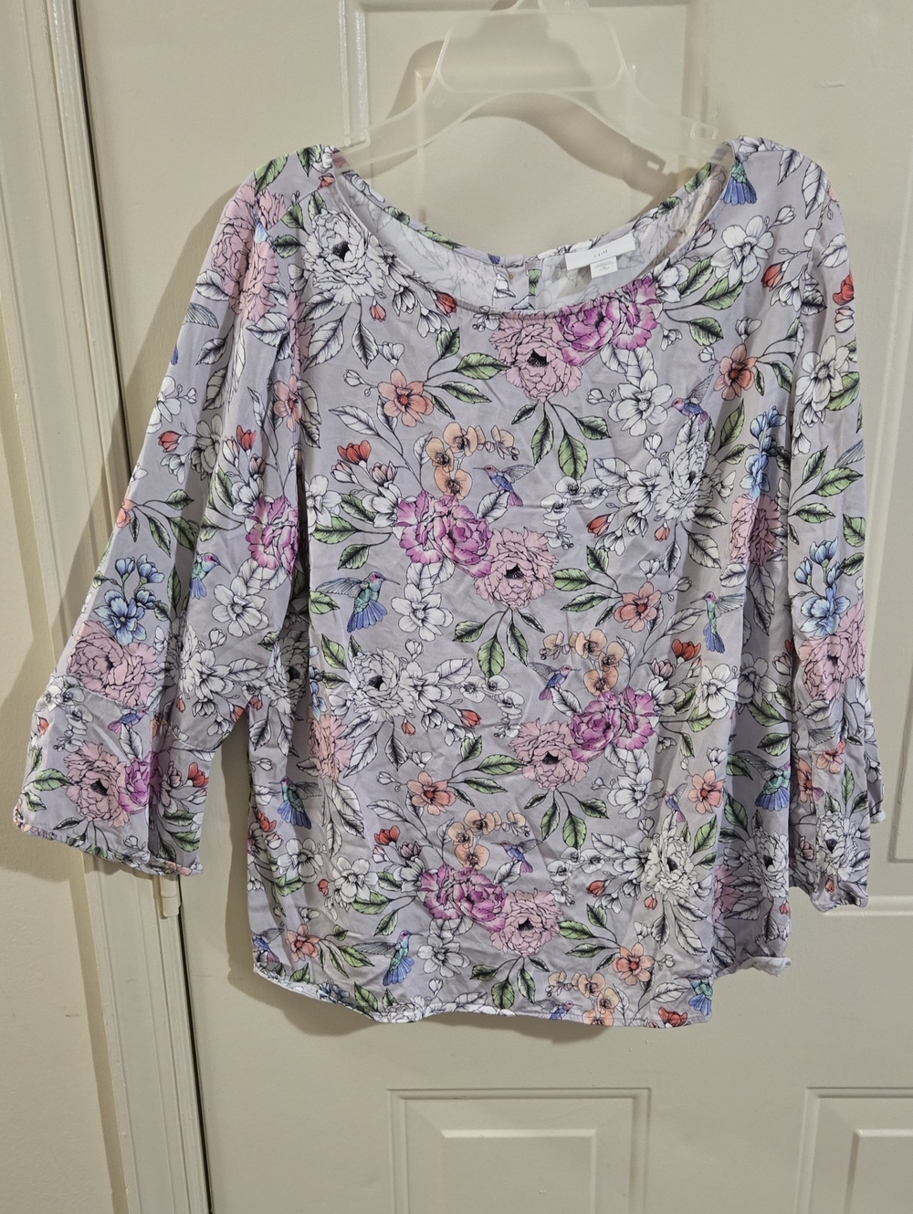 J. Jill Hummingbird Floral Print Satin Top Blouse M Boat Neck 3/4 Bell Sleeves